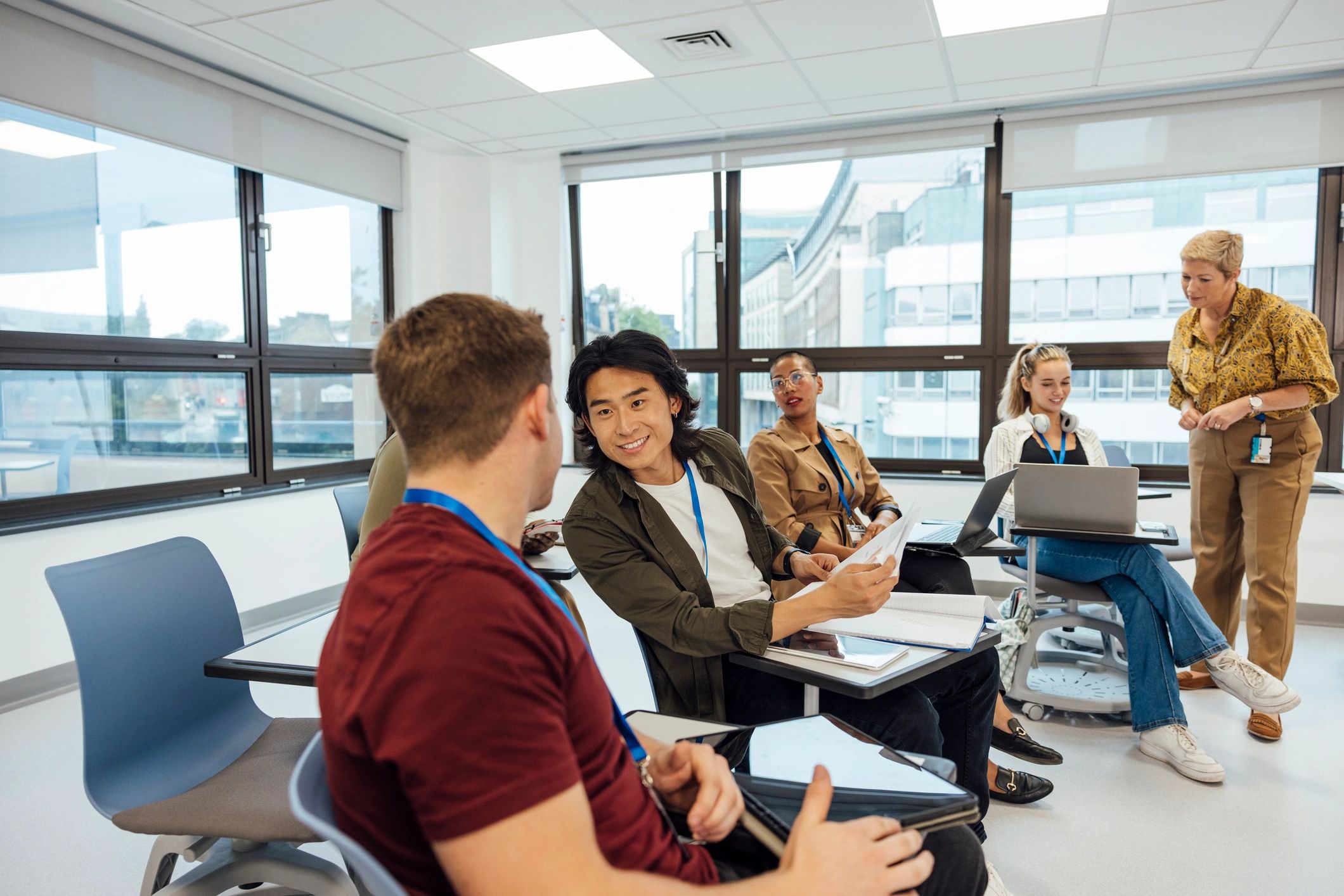 Students learning in a professional healthcare classroom