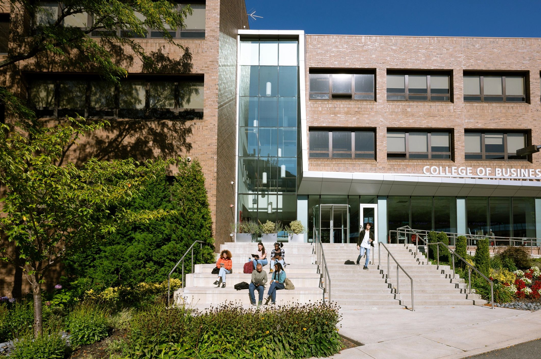 Students collaborating outside a university building
